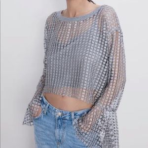 Zara Silver Bell Sleeve Cut Out Crop Top